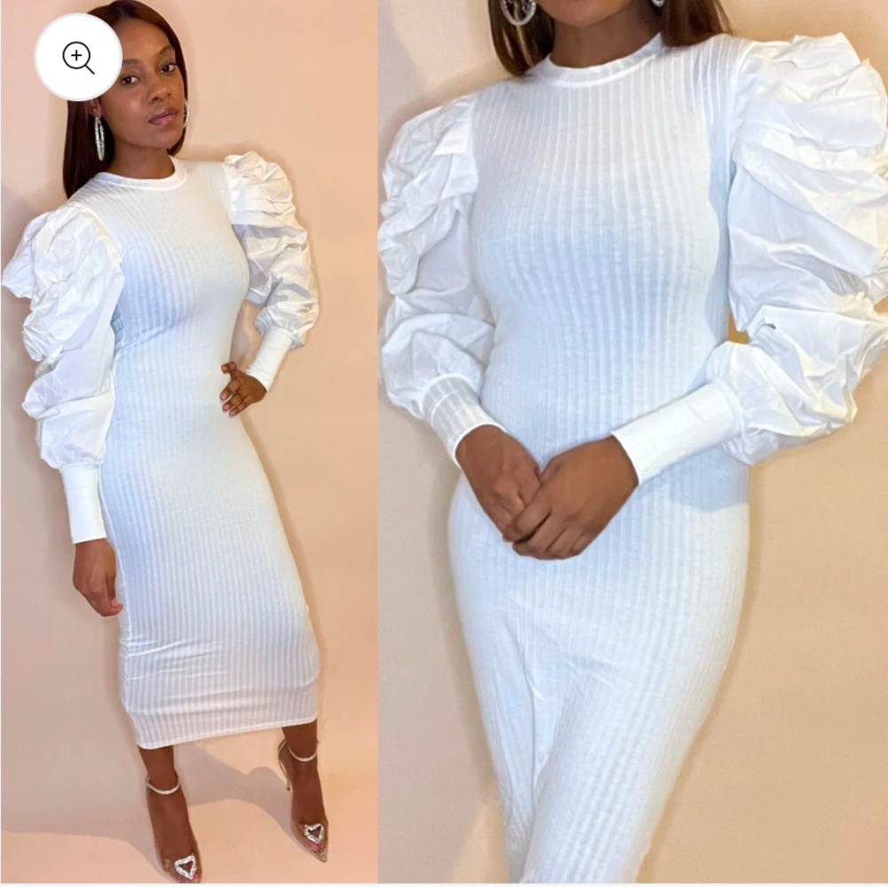 Elegant White Puff Sleeve Dress NWOT fitted puffy dresss. Stretchy.